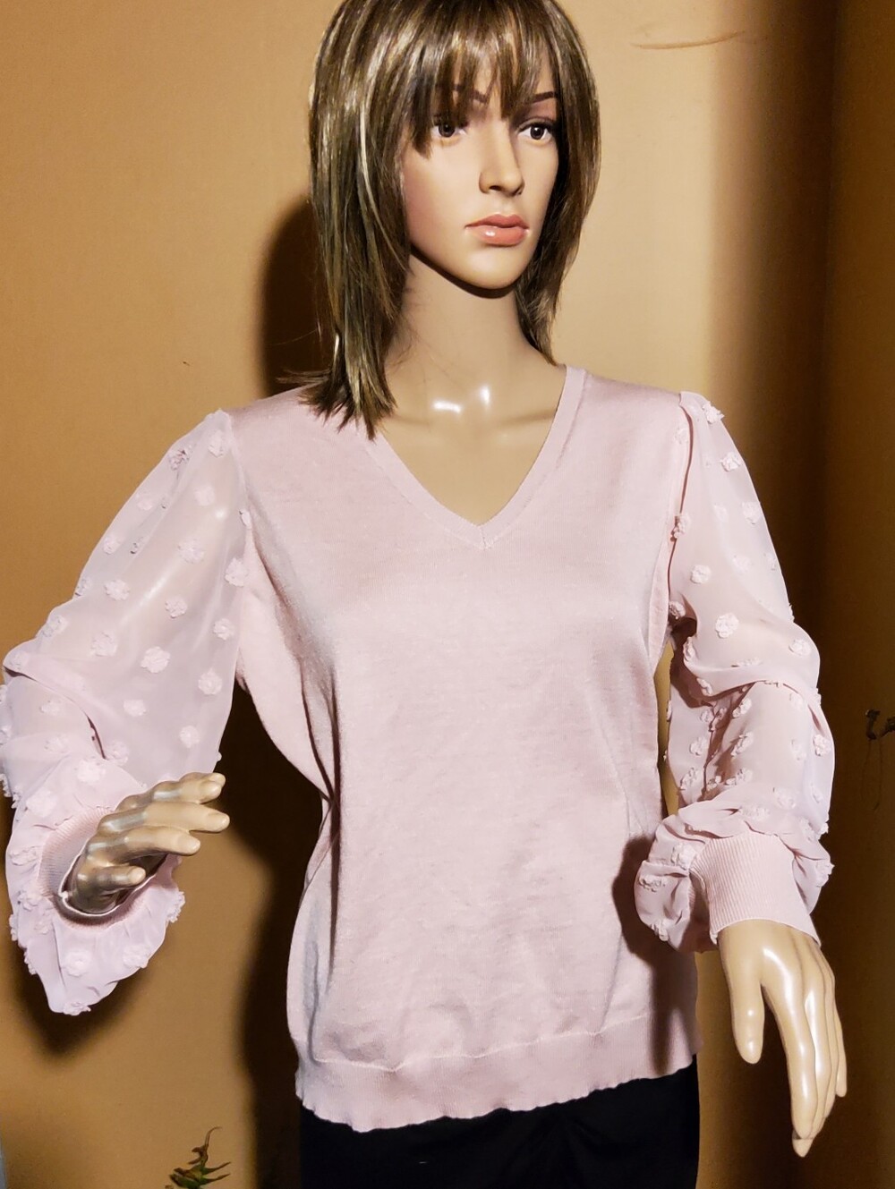 Adrianna Papell Blush Pink V-Neck Sweater with Dot-Textured Sheer Sleeves